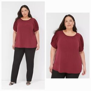 Lane Bryant Pleated Sleeve Crew Neck Top, Cabernet Red, Women's Size 26/28 (NWT)